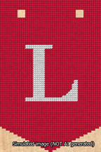 A simulated image of the stitched needlepoint design: Banner 13m Pointed L White on Red. Not A.I. generated.
