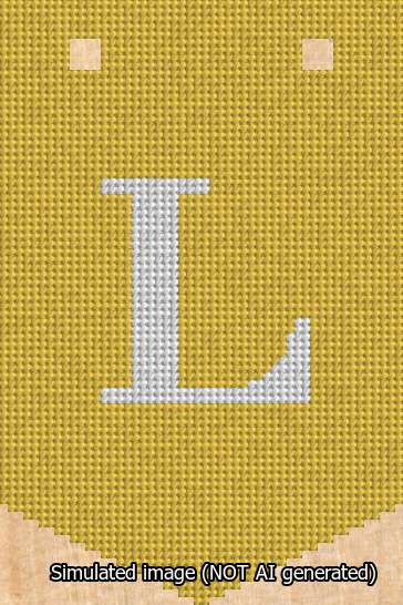 A simulated image of the stitched needlepoint design: Banner 13m Pointed L White on Yellow. Not A.I. generated.