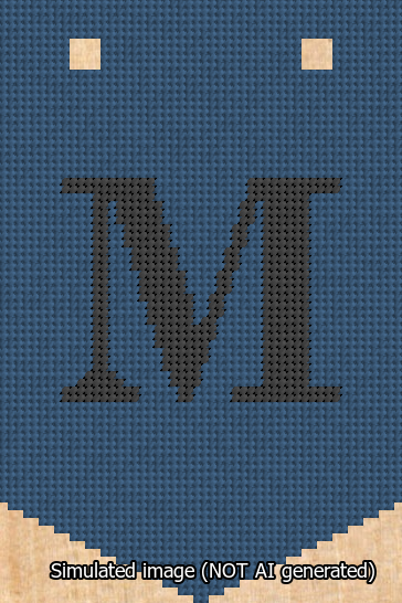 A simulated image of the stitched needlepoint design: Banner 13m Pointed M Black on Blue. Not A.I. generated.