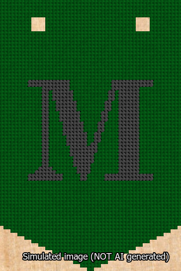 A simulated image of the stitched needlepoint design: Banner 13m Pointed M Black on Green. Not A.I. generated.