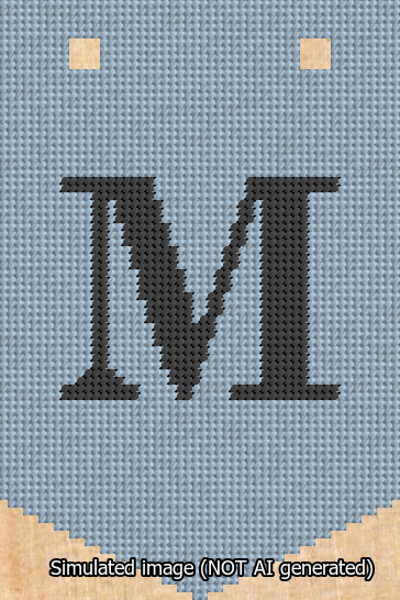 A simulated image of the stitched needlepoint design: Banner 13m Pointed M Black on Light Blue. Not A.I. generated.