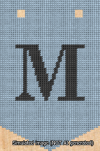 A simulated image of the stitched needlepoint design: Banner 13m Pointed M Black on Light Blue. Not A.I. generated.