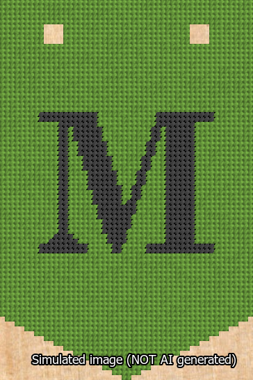 A simulated image of the stitched needlepoint design: Banner 13m Pointed M Black on Light Green. Not A.I. generated.