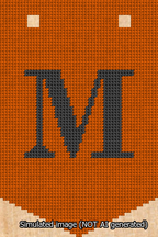 A simulated image of the stitched needlepoint design: Banner 13m Pointed M Black on Orange. Not A.I. generated.