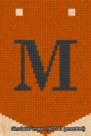 A simulated image of the stitched needlepoint design: Banner 13m Pointed M Black on Orange. Not A.I. generated.