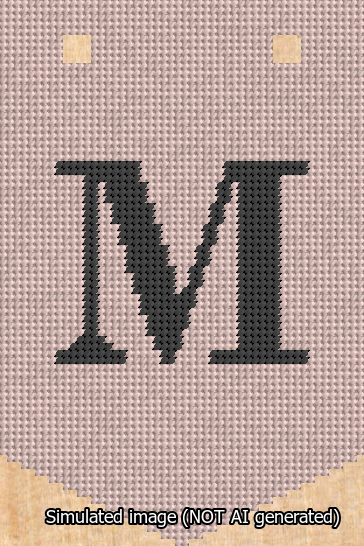 A simulated image of the stitched needlepoint design: Banner 13m Pointed M Black on Pink. Not A.I. generated.