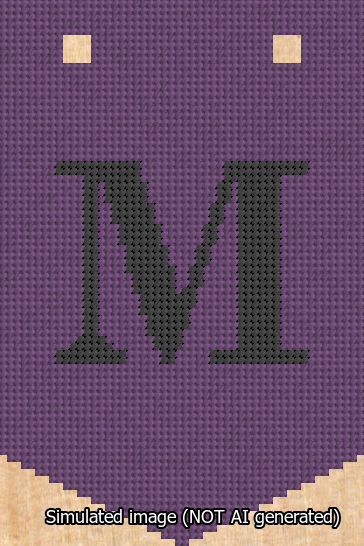 A simulated image of the stitched needlepoint design: Banner 13m Pointed M Black on Purple. Not A.I. generated.