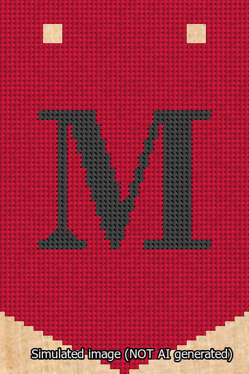 A simulated image of the stitched needlepoint design: Banner 13m Pointed M Black on Red. Not A.I. generated.
