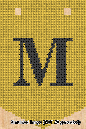 A simulated image of the stitched needlepoint design: Banner 13m Pointed M Black on Yellow. Not A.I. generated.