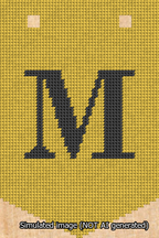 A simulated image of the stitched needlepoint design: Banner 13m Pointed M Black on Yellow. Not A.I. generated.