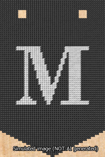 A simulated image of the stitched needlepoint design: Banner 13m Pointed M White on Black. Not A.I. generated.