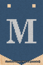A simulated image of the stitched needlepoint design: Banner 13m Pointed M White on Blue. Not A.I. generated.