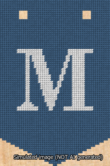 A simulated image of the stitched needlepoint design: Banner 13m Pointed M White on Blue. Not A.I. generated.