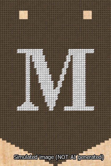 A simulated image of the stitched needlepoint design: Banner 13m Pointed M White on Brown. Not A.I. generated.