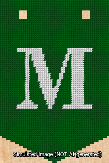 A simulated image of the stitched needlepoint design: Banner 13m Pointed M White on Green. Not A.I. generated.