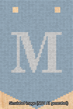 A simulated image of the stitched needlepoint design: Banner 13m Pointed M White on Light Blue. Not A.I. generated.