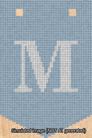 A simulated image of the stitched needlepoint design: Banner 13m Pointed M White on Light Blue. Not A.I. generated.