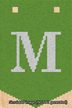 A simulated image of the stitched needlepoint design: Banner 13m Pointed M White on Light Green. Not A.I. generated.