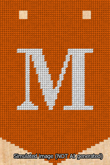A simulated image of the stitched needlepoint design: Banner 13m Pointed M White on Orange. Not A.I. generated.
