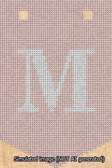 A simulated image of the stitched needlepoint design: Banner 13m Pointed M White on Pink. Not A.I. generated.