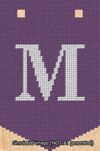 A simulated image of the stitched needlepoint design: Banner 13m Pointed M White on Purple. Not A.I. generated.