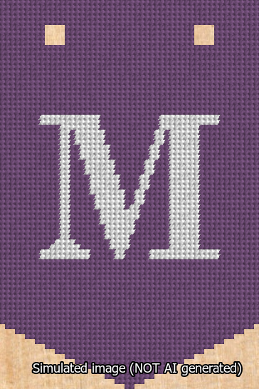A simulated image of the stitched needlepoint design: Banner 13m Pointed M White on Purple. Not A.I. generated.