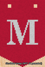 A simulated image of the stitched needlepoint design: Banner 13m Pointed M White on Red. Not A.I. generated.
