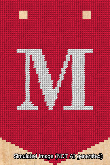 A simulated image of the stitched needlepoint design: Banner 13m Pointed M White on Red. Not A.I. generated.