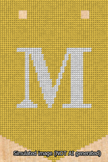 A simulated image of the stitched needlepoint design: Banner 13m Pointed M White on Yellow. Not A.I. generated.