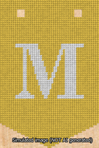 A simulated image of the stitched needlepoint design: Banner 13m Pointed M White on Yellow. Not A.I. generated.