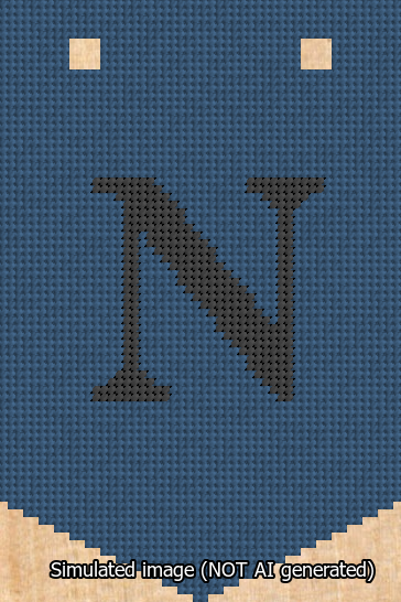 A simulated image of the stitched needlepoint design: Banner 13m Pointed N Black on Blue. Not A.I. generated.