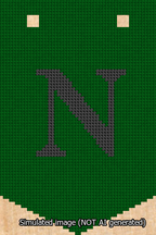 A simulated image of the stitched needlepoint design: Banner 13m Pointed N Black on Green. Not A.I. generated.