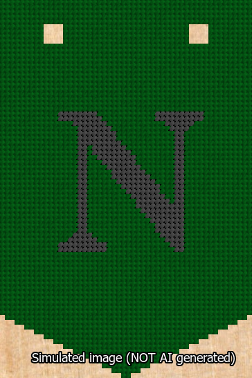 A simulated image of the stitched needlepoint design: Banner 13m Pointed N Black on Green. Not A.I. generated.