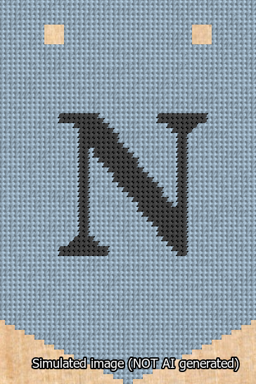 A simulated image of the stitched needlepoint design: Banner 13m Pointed N Black on Light Blue. Not A.I. generated.
