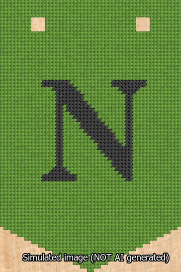 A simulated image of the stitched needlepoint design: Banner 13m Pointed N Black on Light Green. Not A.I. generated.