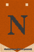 A simulated image of the stitched needlepoint design: Banner 13m Pointed N Black on Orange. Not A.I. generated.