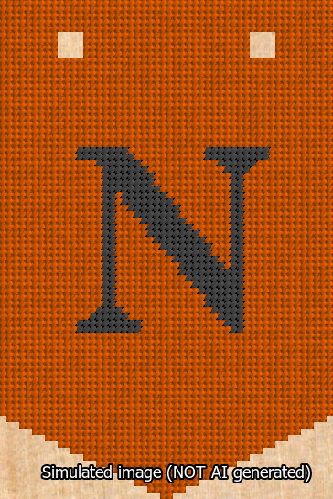 A simulated image of the stitched needlepoint design: Banner 13m Pointed N Black on Orange. Not A.I. generated.