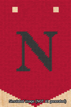 A simulated image of the stitched needlepoint design: Banner 13m Pointed N Black on Red. Not A.I. generated.