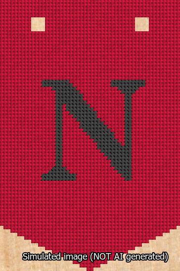 A simulated image of the stitched needlepoint design: Banner 13m Pointed N Black on Red. Not A.I. generated.