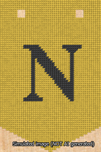 A simulated image of the stitched needlepoint design: Banner 13m Pointed N Black on Yellow. Not A.I. generated.