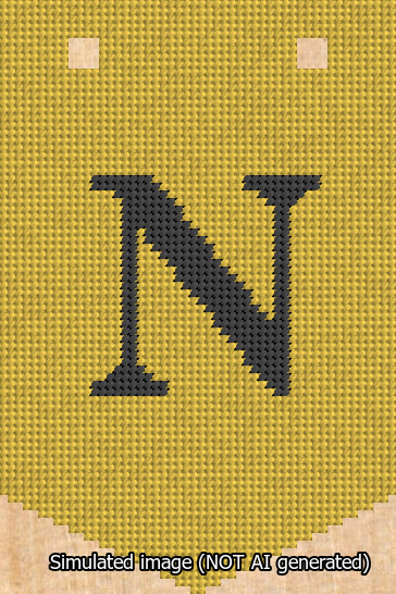 A simulated image of the stitched needlepoint design: Banner 13m Pointed N Black on Yellow. Not A.I. generated.