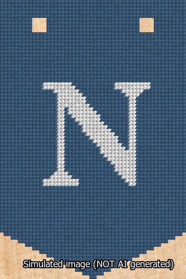 A simulated image of the stitched needlepoint design: Banner 13m Pointed N White on Blue. Not A.I. generated.