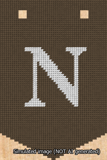 A simulated image of the stitched needlepoint design: Banner 13m Pointed N White on Brown. Not A.I. generated.
