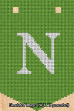 A simulated image of the stitched needlepoint design: Banner 13m Pointed N White on Light Green. Not A.I. generated.
