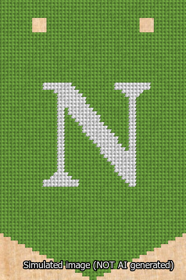 A simulated image of the stitched needlepoint design: Banner 13m Pointed N White on Light Green. Not A.I. generated.