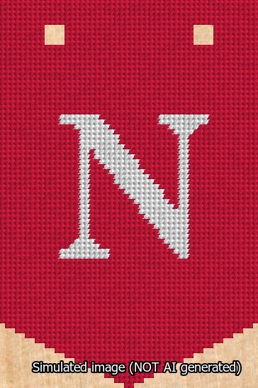 A simulated image of the stitched needlepoint design: Banner 13m Pointed N White on Red. Not A.I. generated.