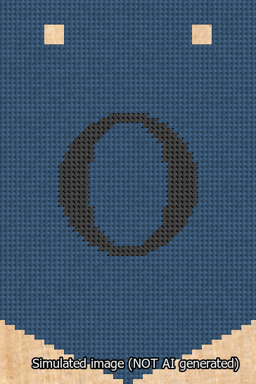 A simulated image of the stitched needlepoint design: Banner 13m Pointed O Black on Blue. Not A.I. generated.