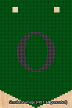 A simulated image of the stitched needlepoint design: Banner 13m Pointed O Black on Green. Not A.I. generated.