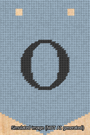 A simulated image of the stitched needlepoint design: Banner 13m Pointed O Black on Light Blue. Not A.I. generated.