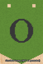 A simulated image of the stitched needlepoint design: Banner 13m Pointed O Black on Light Green. Not A.I. generated.